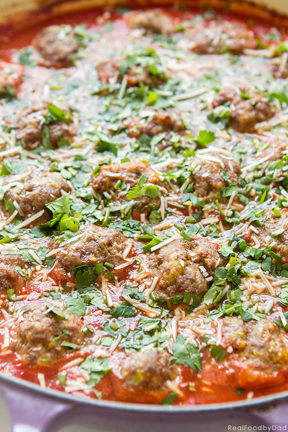 Easy Tomato Baked Meatballs with Polenta via Real Food by Dad