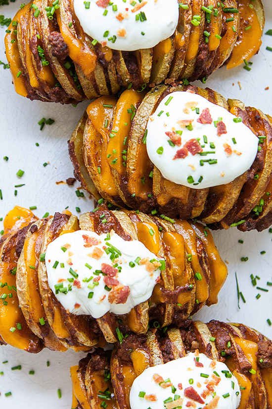 Chili Cheese Hasselback Potatoes via Real Food by Dad