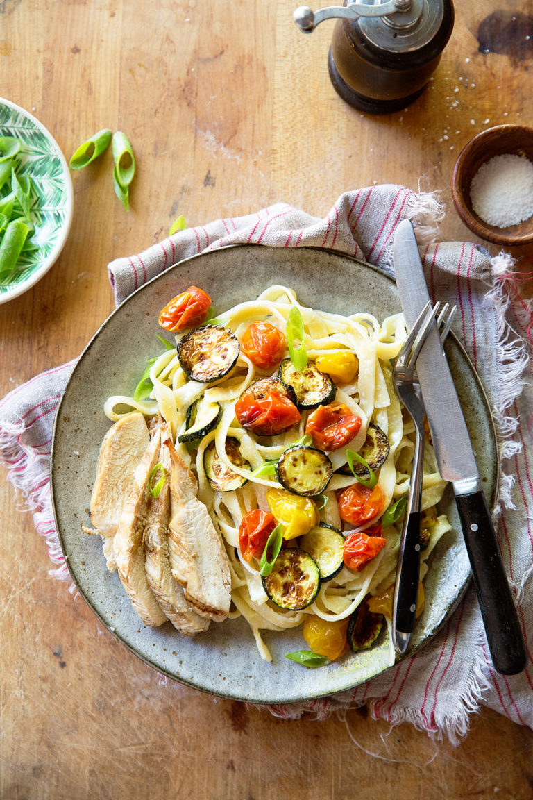 Chicken Alfredo with Roasted Summer Vegetables via Real Food by Dad