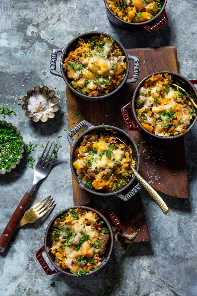 Butternut Squash and Sausage Rice Casserole via Real Food by Dad