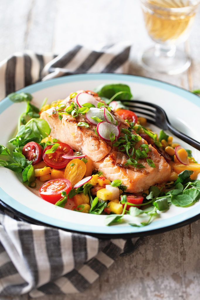 Grilled Salmon with a Corn Mango Relish