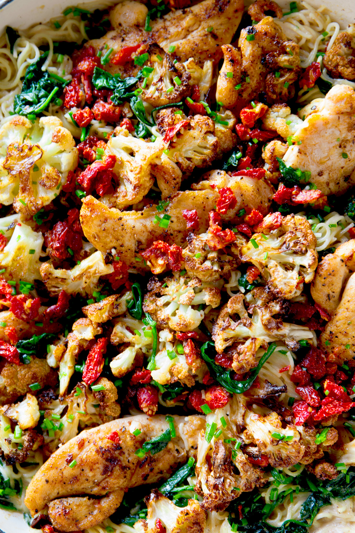 Creamy Chicken and Roasted Cauliflower Pasta with Spinach and Sundried