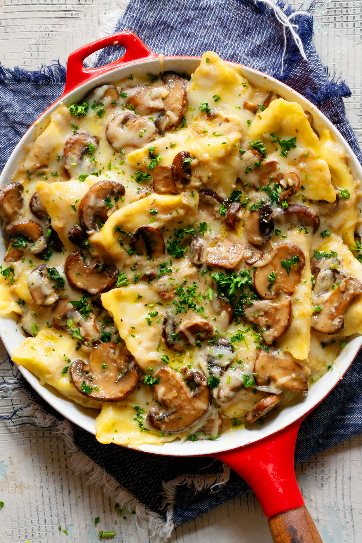 Skillet of creamy chicken tortellini ready to serve straight from the stovetop