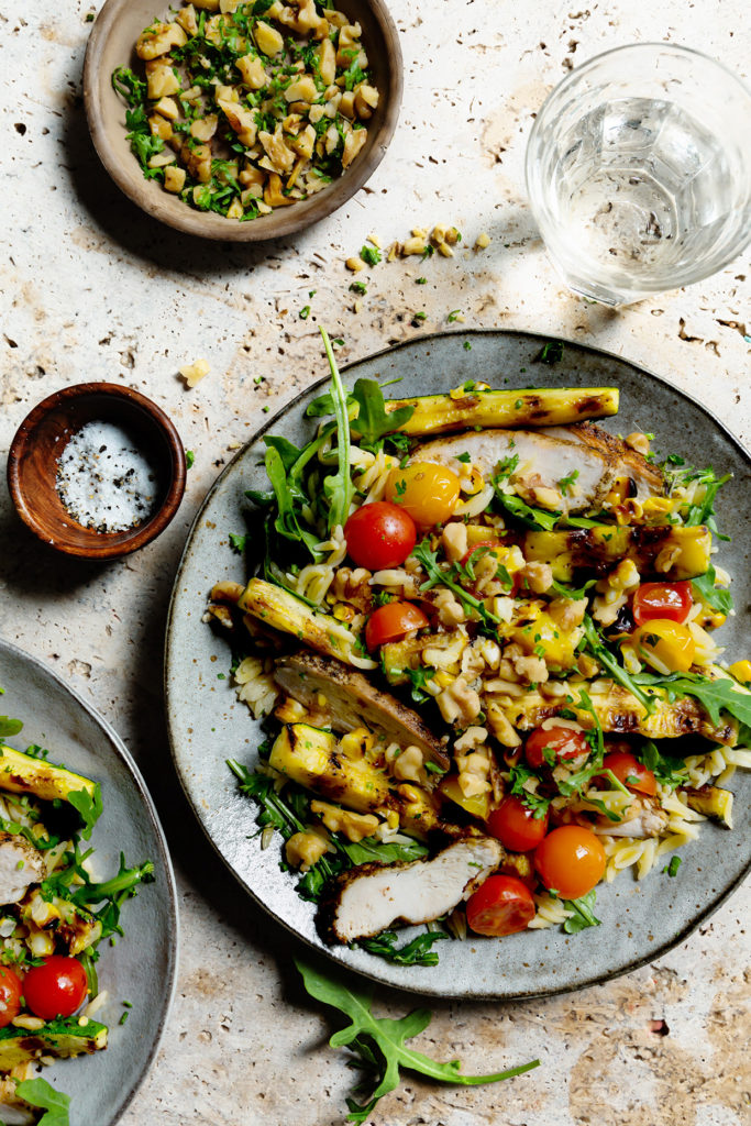 Grilled Chicken and Veggie Orzo Salad with Toasted Walnuts