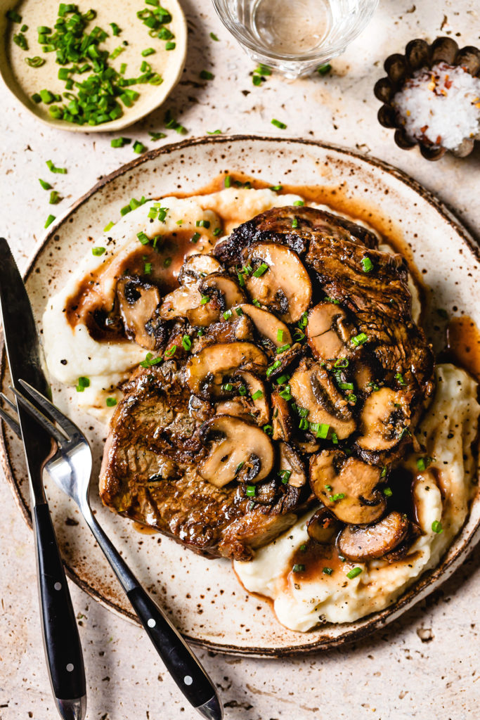 Grilled Rib-Eye Steak with Mushrooms and Cauli-Mash