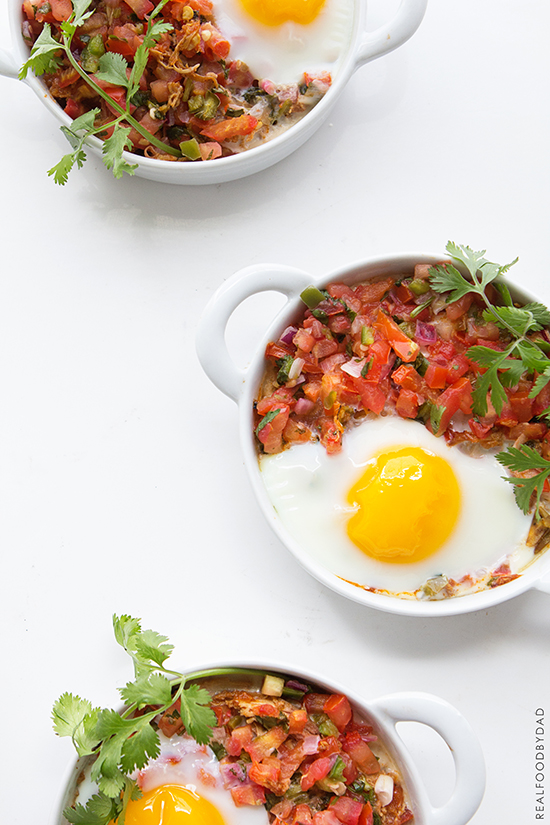 Baked Eggs with Shredded Chicken and Salsa