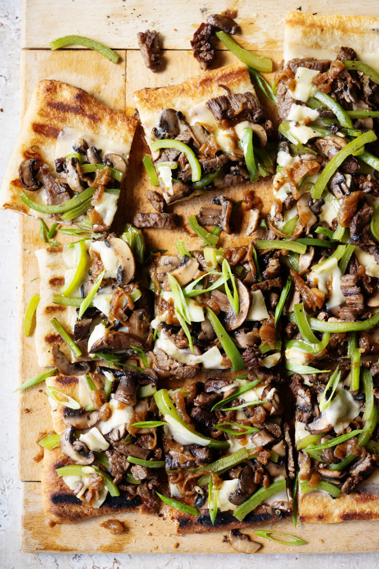 Grilled Philly Cheesesteak Pizza ~ Your favorite sandwich layers on a grilled pizza crust!