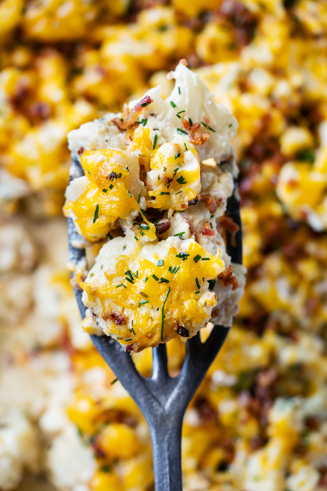 Loaded Cauliflower Bake ~ Think your favorite baked potato in cauliflower form and loaded with cheesy goodness, crumbled bacon and chives. 