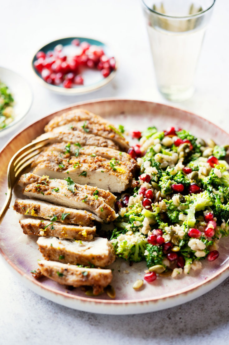 Dukkah Chicken and Broccoli Salad with Toasted Walnuts