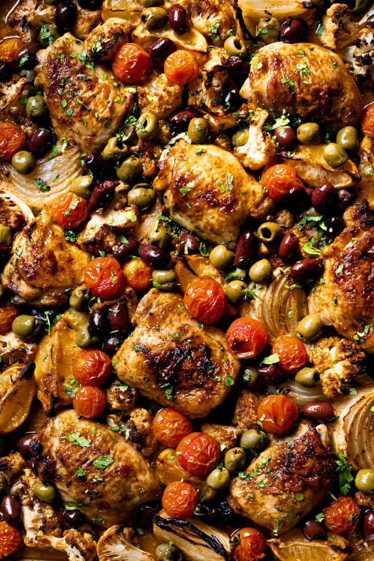 Sheet Pan Chicken Tagine with Cauliflower and Olives 