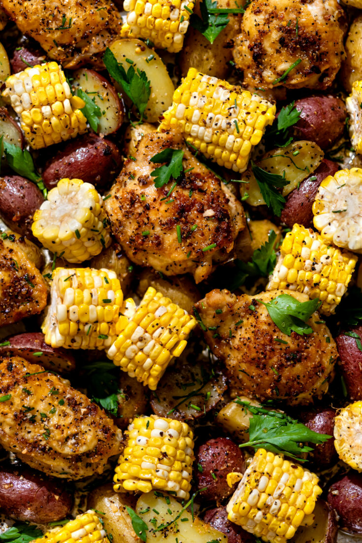 Chicken, Corn + Potatoes Sheetpan Dinner