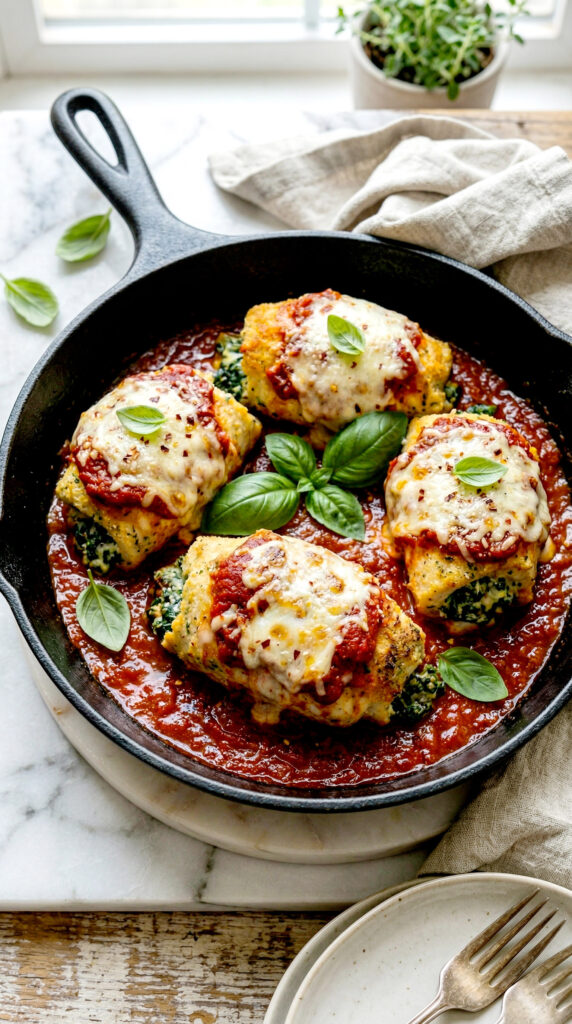 Plated stuffed chicken breasts topped with melted mozzarella, marinara sauce, and fresh basil