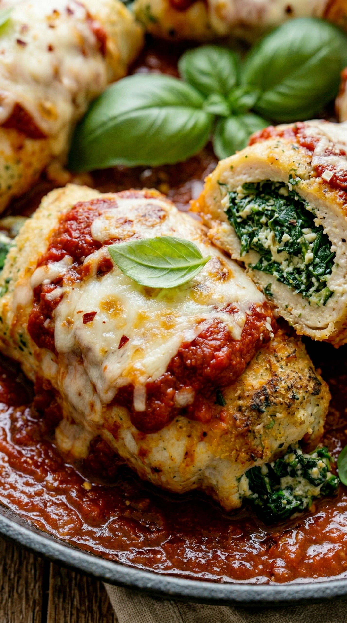 Close-up of stuffed chicken breast showing creamy spinach and bacon filling
