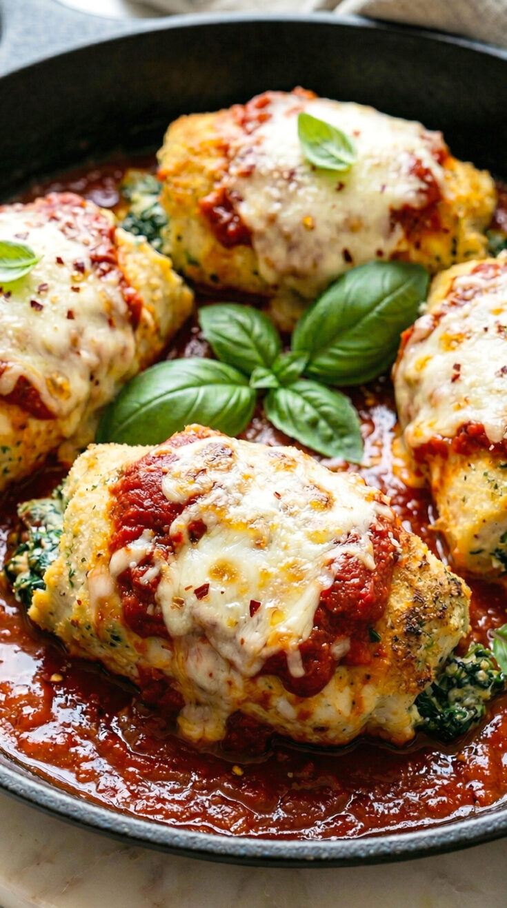 Stuffed chicken breast in a skillet with marinara and mozzarella — square crop for recipe card
